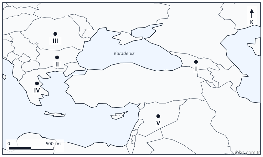 Coğrafya — Mekânsal Bilgi Teknolojileri ünitesi: Haritada numaralanmış ülkelerden hangisi Türkiye’nin kara komşusu olmadığı hâlde Karadeniz üzer