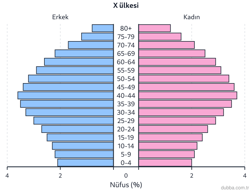 Coğrafya — Beşerî Sistemler ve Süreçler ünitesi: Şekildeki X ülkesi nüfus piramidine göre aşağıdaki yargılardan hangisi yanlıştır?