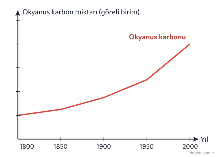Biyoloji — Ekoloji ünitesi: Grafikteki eğriye göre, okyanuslardaki karbon miktarı sanayi devriminden bu yana artış gösterme