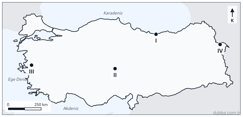 Coğrafya — Doğal Sistemler ve Süreçler ünitesi: Giresun, Nevşehir, Manisa ve Iğdır’ın I–IV olarak işaretlendiği haritaya göre yıllık yağış özel
