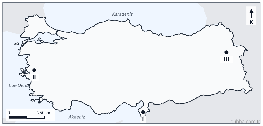 Coğrafya — Doğal Sistemler ve Süreçler ünitesi: Aşağıdaki haritada I, II ve III ile gösterilen yerlerden hangisinde yer şekillerinin tarım araz