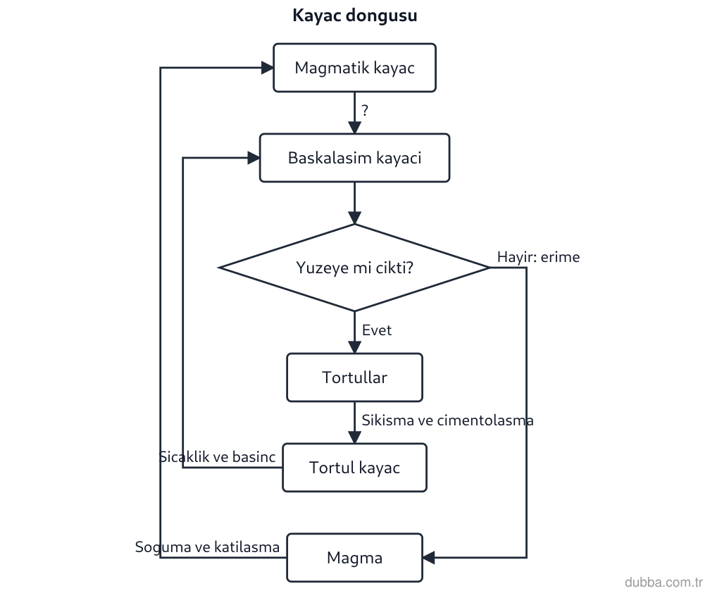 Coğrafya — Doğal Sistemler ve Süreçler ünitesi: Kayaç döngüsü akış şemasında “?” ile bırakılan adım hangi süreci göstermelidir?