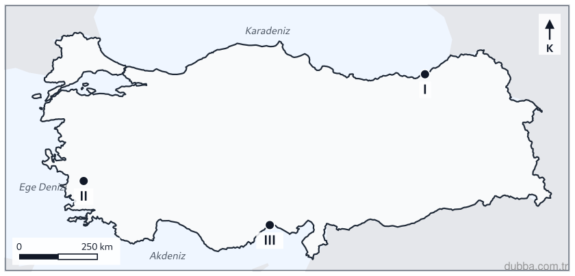 Coğrafya — Doğal Sistemler ve Süreçler ünitesi: Haritada I, II ve III kıyı kesimleri için dalga-akıntı biriktirmesiyle kıyı oku ve gerisinde la