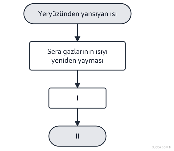 Biyoloji — Ekoloji ünitesi: Şemadaki oklar, yeryüzünden yansıyan ısının atmosferde tutulmasını göstermektedir. I ve II için