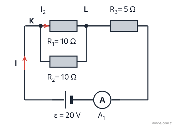 Fizik — Elektrik ünitesi: Şekildeki birleşik bağlamada iç direnci ihmal edilen üreteç 20 V'tur. R1 = 10 Ω ve R2 = 10 Ω pa