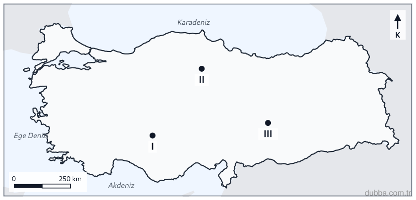 Coğrafya — Beşerî Sistemler ve Süreçler ünitesi: Haritada I, II ve III ile numaralandırılan höyüklerin doğru eşleştirmesi hangisidir?