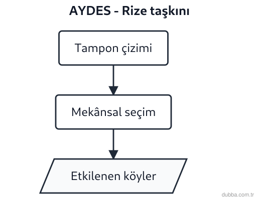 Coğrafya — Mekânsal Bilgi Teknolojileri ünitesi: Rize’deki taşkın sırasında Kara Dere boyunca 200 m tampon bölge çizilerek etkilenen yerleşmeler