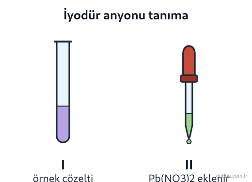 Kimya — Etkileşim ünitesi: Şekildeki I tüpündeki örnek çözeltiye II damlalığından Pb(NO3)2(suda) eklenerek I- anyonu aranm