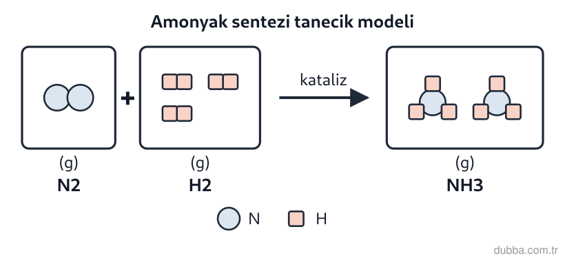 Kimya — Etkileşim ünitesi: Şekildeki tanecik modelinde artan tanecik yoktur ve kutu sayıları en küçük tam sayılara karşılı
