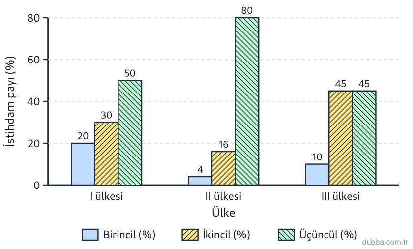 Coğrafya — Ekonomik Faaliyetler ve Etkileri ünitesi: Grafikte I, II ve III numaralı ülkelerin ekonomik faaliyet türlerine göre istihdam oranları ver