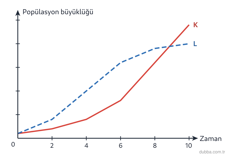 Biyoloji — Ekoloji ünitesi: Grafikteki K ve L eğrileri sırasıyla hangi büyüme tiplerini gösterir?