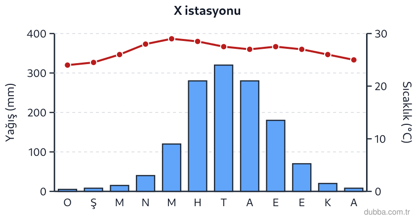 Coğrafya — Doğal Sistemler ve Süreçler ünitesi: X istasyonuna ait iklim grafiğinde yaz aylarında yağışın belirgin biçimde artması, aşağıdaki rü