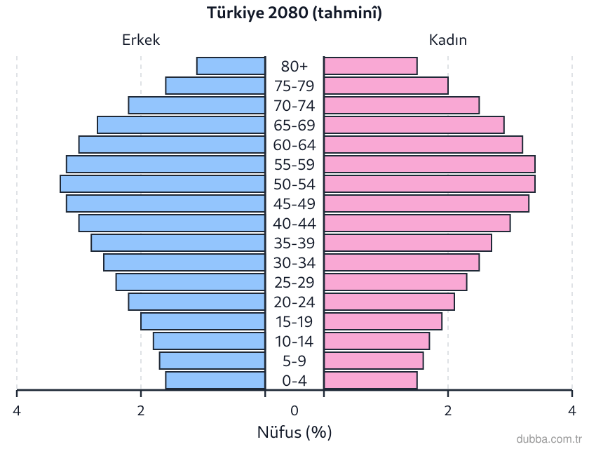 Coğrafya — Beşerî Sistemler ve Süreçler ünitesi: 2080 yılına ait tahminî Türkiye nüfus piramidinde genç yaş gruplarının payının düşük, ileri yaş
