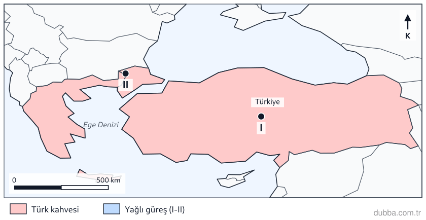 Coğrafya — Bölgeler, Ülkeler ve Küresel Bağlantılar ünitesi: Haritada taralı ülkeler Türk kahvesi kültürünün tescilini, işaretli ülkeler ise yağlı güreş (Kı