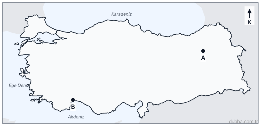 Coğrafya — Mekânsal Bilgi Teknolojileri ünitesi: Sınıfta kullanılan Türkiye haritasında A ve B illeri işaretlenmiştir. Yalnızca bu haritaya bakı
