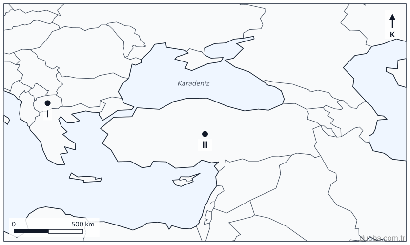 Coğrafya — Bölgeler, Ülkeler ve Küresel Bağlantılar ünitesi: Aşağıdaki haritada işaretlenen I ve II ülkeleri, ortak geleneklerden Hıdırellez’in UNESCO tesci