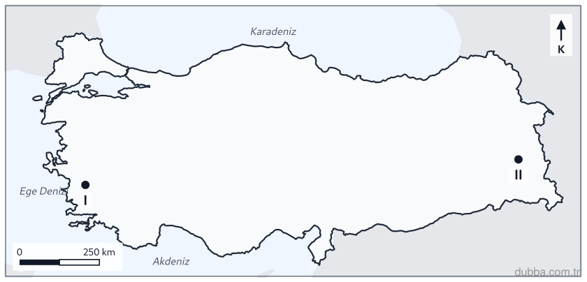 Coğrafya — Doğal Sistemler ve Süreçler ünitesi: Haritada I ve II ile gösterilen yöreler karşılaştırıldığında, akarsuların eğimin iyice düştüğü 