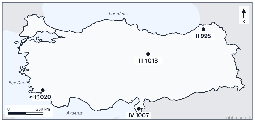 Coğrafya — Doğal Sistemler ve Süreçler ünitesi: Eş zamanlı barometre okumaları haritada I–IV merkezlerine yazılmıştır. 1013 mb’ye göre alçak ba
