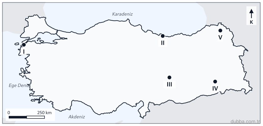 Coğrafya — Mekânsal Bilgi Teknolojileri ünitesi: Referans meridyen 45°D kabul edildiğinde, haritadaki işaretli illerden hangisinde yerel saat il