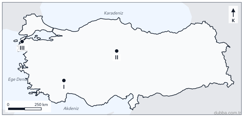 Coğrafya — Beşerî Sistemler ve Süreçler ünitesi: Aşağıdaki haritada işaretlenen merkezlerdeki höyüklerin I, II ve III sırasına göre doğru eşleşm