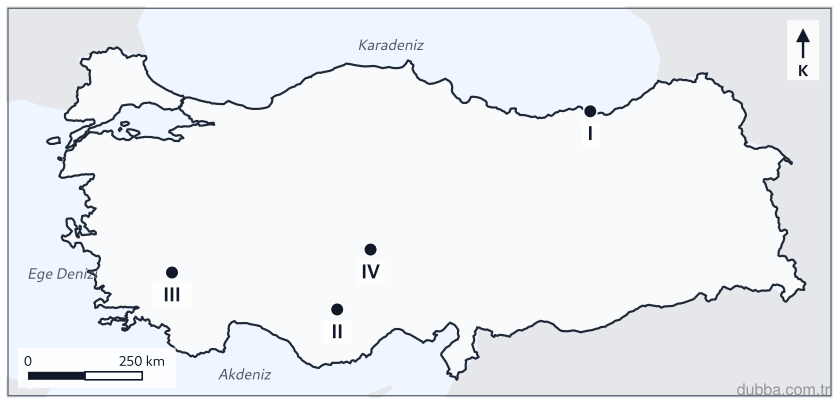 Coğrafya — Doğal Sistemler ve Süreçler ünitesi: Haritadaki numaralı istasyonların Türkiye’deki yıllık yağış dağılışına göre hangisi yanlıştır?