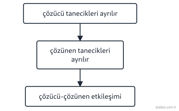 Kimya — Çeşitlilik ünitesi: Laboratuvar defterindeki akışta bir iyonik katının suda çözünmesi A, B ve C basamaklarıyla özet