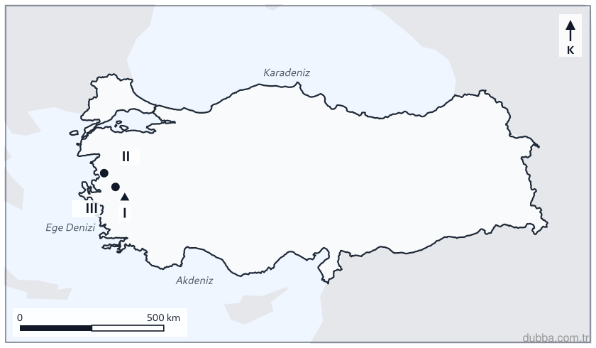 Coğrafya — Doğal Sistemler ve Süreçler ünitesi: Haritada I, II ve III ile gösterilen yer şekillerinin Batı Anadolu Fay Zonları ile ilişkisi içi