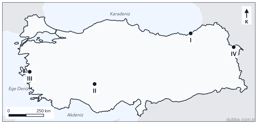 Coğrafya — Doğal Sistemler ve Süreçler ünitesi: Haritada numaralandırılan yerlerin yıllık yağış özellikleri dikkate alındığında aşağıdakilerden