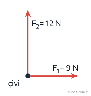 Fizik — Kuvvet ve Hareket ünitesi: Şekildeki çiviye aynı düzlemde F1 = 9 N (sağa) ve F2 = 12 N (yukarı) kuvvetleri uygulanıyor. Uç