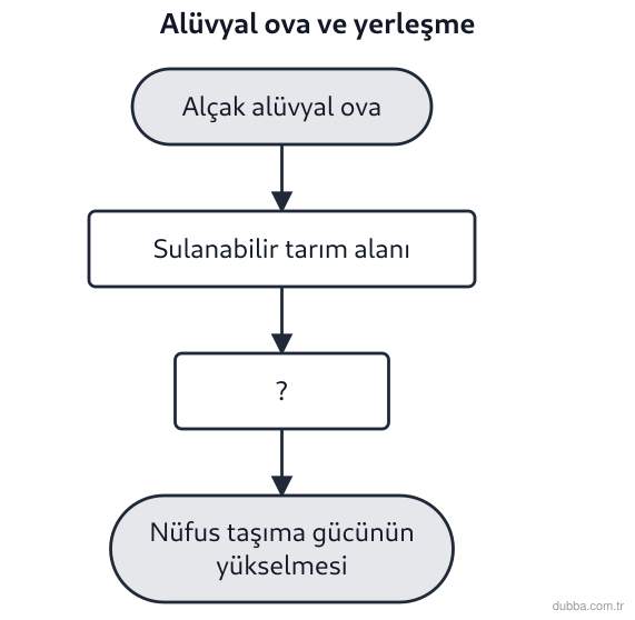 Coğrafya — Doğal Sistemler ve Süreçler ünitesi: Çukurova’nın alüvyal düzlüğünü merkeze alan akış şemasında (?) ile gösterilen halka, yer şeklin