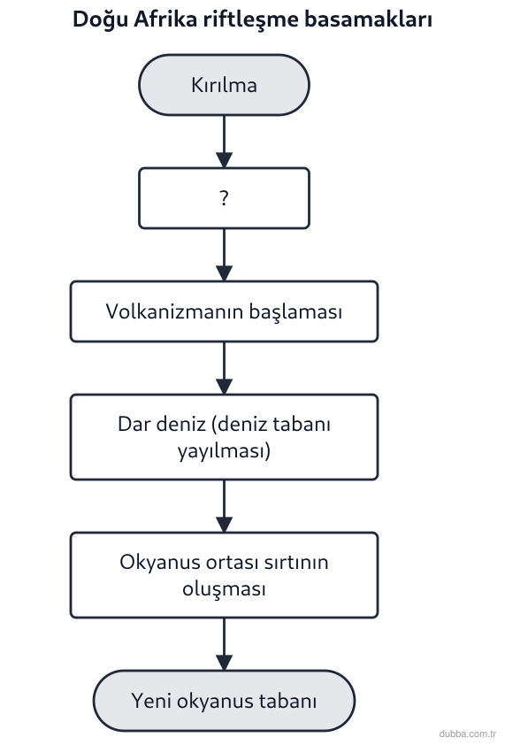 Coğrafya — Doğal Sistemler ve Süreçler ünitesi: Doğu Afrika Rift Vadisi’nde kıtasal ayrılmanın izlendiği akış şemasında “?” ile boş bırakılan b