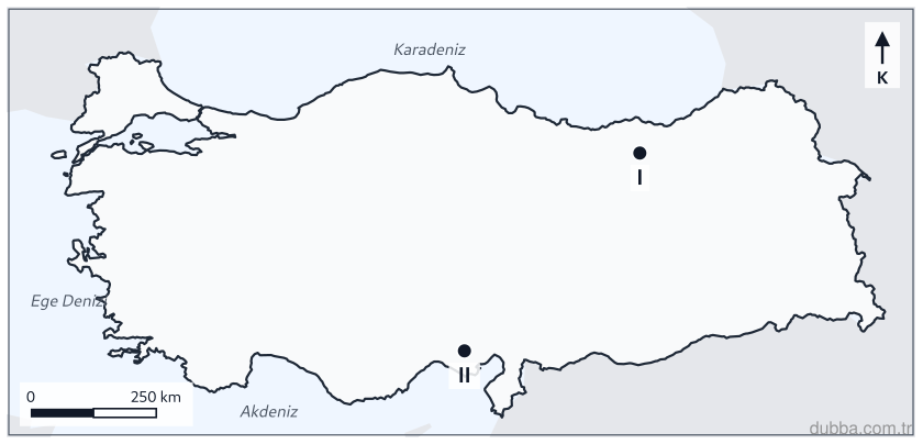 Coğrafya — Beşerî Sistemler ve Süreçler ünitesi: Haritada I ve II numaralı kentlerin coğrafi konumları dikkate alındığında hangisi kesinlikle sö