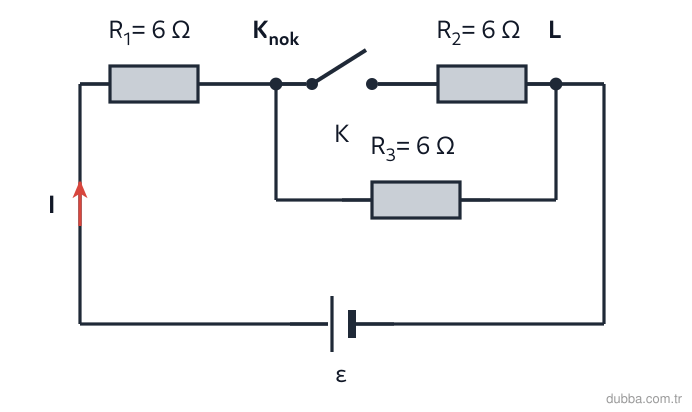 Fizik — Elektrik ünitesi: İç direnci ihmal edilen üretece bağlı devrede R1 = 6 Ω seri kolda; R2 = 6 Ω ile K anahtarı seri