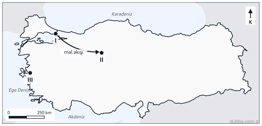Coğrafya — Mekânsal Bilgi Teknolojileri ünitesi: Haritada oklar iller arası mal akışını göstermektedir. Akışın yönü aşağıdakilerden hangisidir?