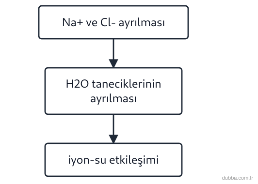 Kimya — Çeşitlilik ünitesi: Suda NaCl çözünürken akış şemasındaki I ve II numaralı basamaklarla III numaralı basamağın ener