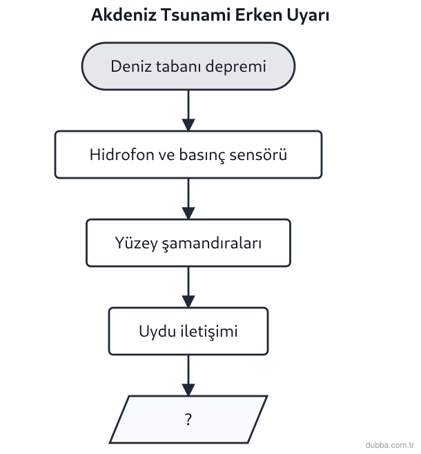Coğrafya — Afetler ve Sürdürülebilir Çevre ünitesi: Akdeniz tsunami erken uyarı sürecinde “?” hangi aşamayı temsil eder?