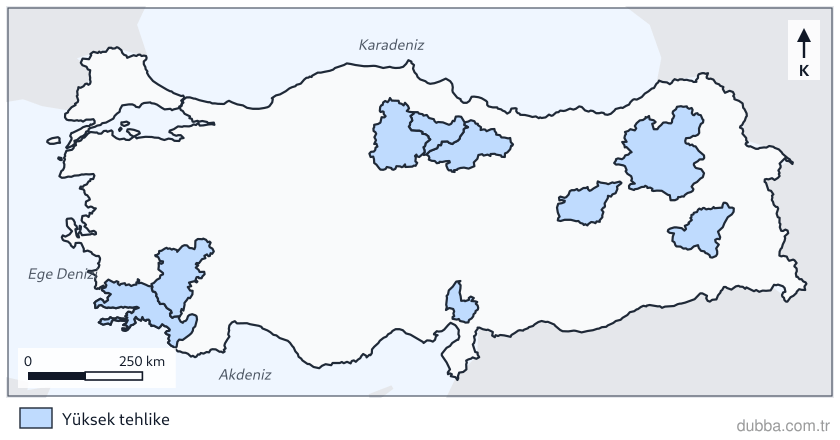 Coğrafya — Doğal Sistemler ve Süreçler ünitesi: Şekilde taralı alanlar yüksek deprem tehlikesini işaret etmektedir. Devlet hastanesi ve okul ka
