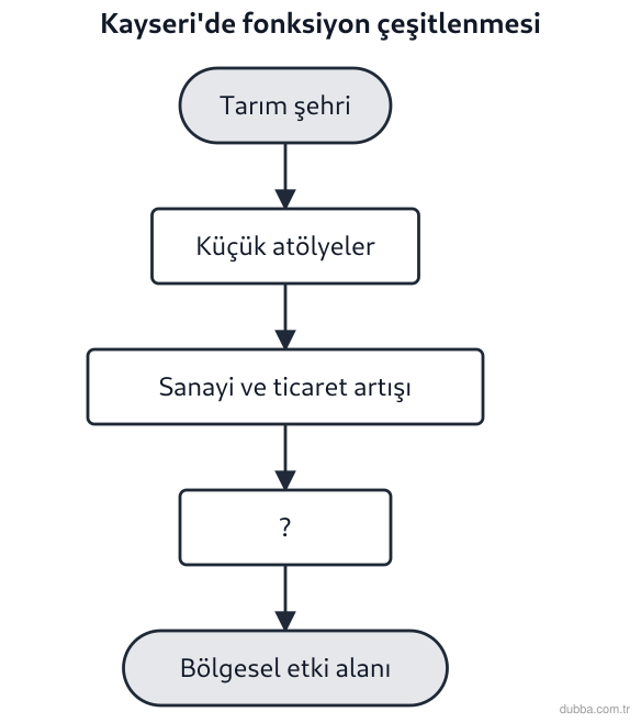Coğrafya — Beşerî Sistemler ve Süreçler ünitesi: Kayseri’deki fonksiyon çeşitlenmesi sürecinde şemada “?” ile gösterilen halka aşağıdakilerden h